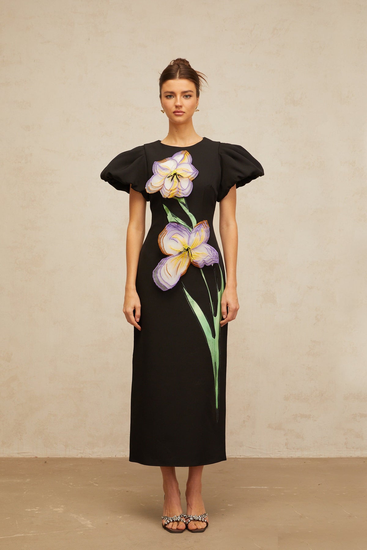 Irène black sequined floral-embroidered midi dress