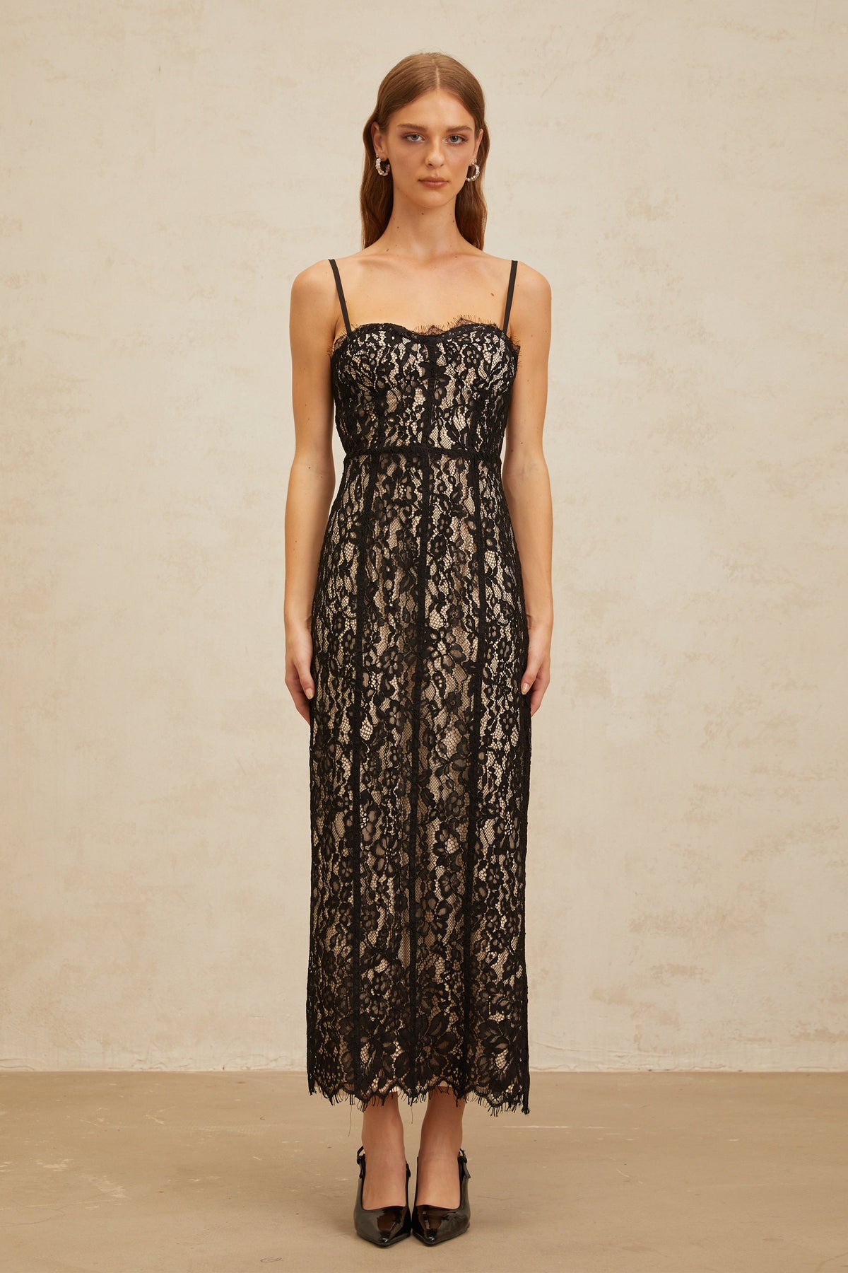 Fleur Black Floral Lace Bustier Maxi Dress