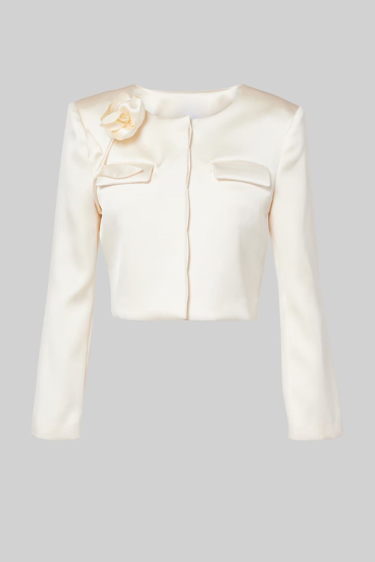 Satin Cropped Jacket with Floral Detail - Ivoire