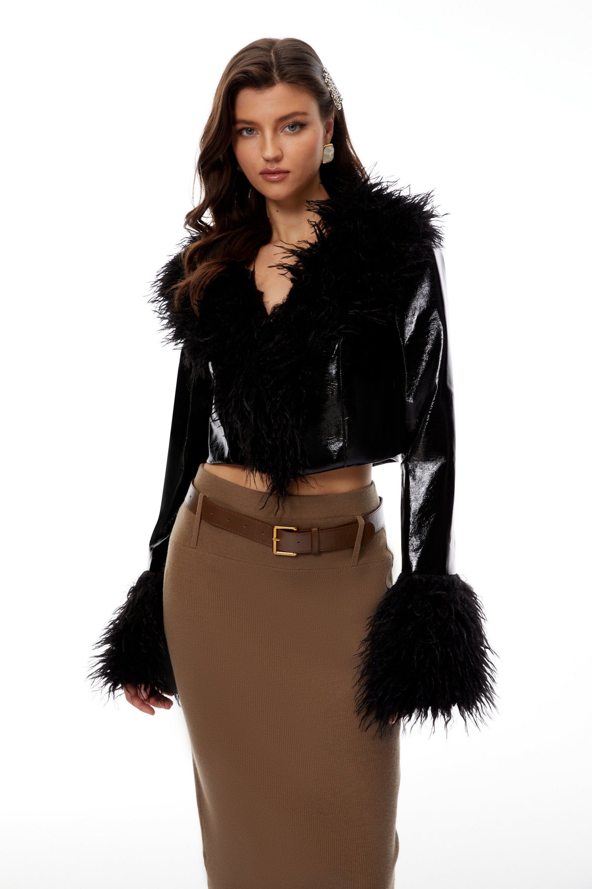 Mildred Black Fur Panel Patent Leather Jacket (Final Sale)