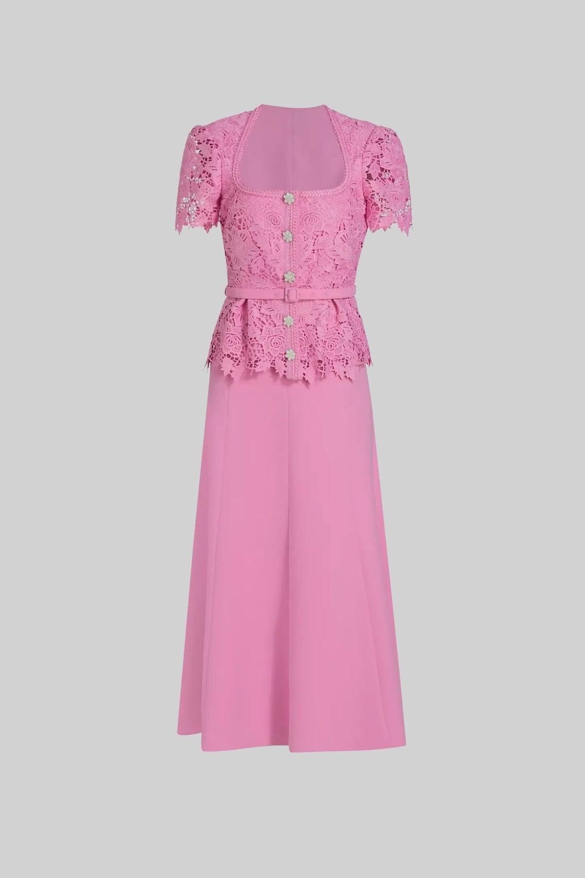 Elegant Dress With Lace Top, Matching Belt And Coordinated Skirt - Pink