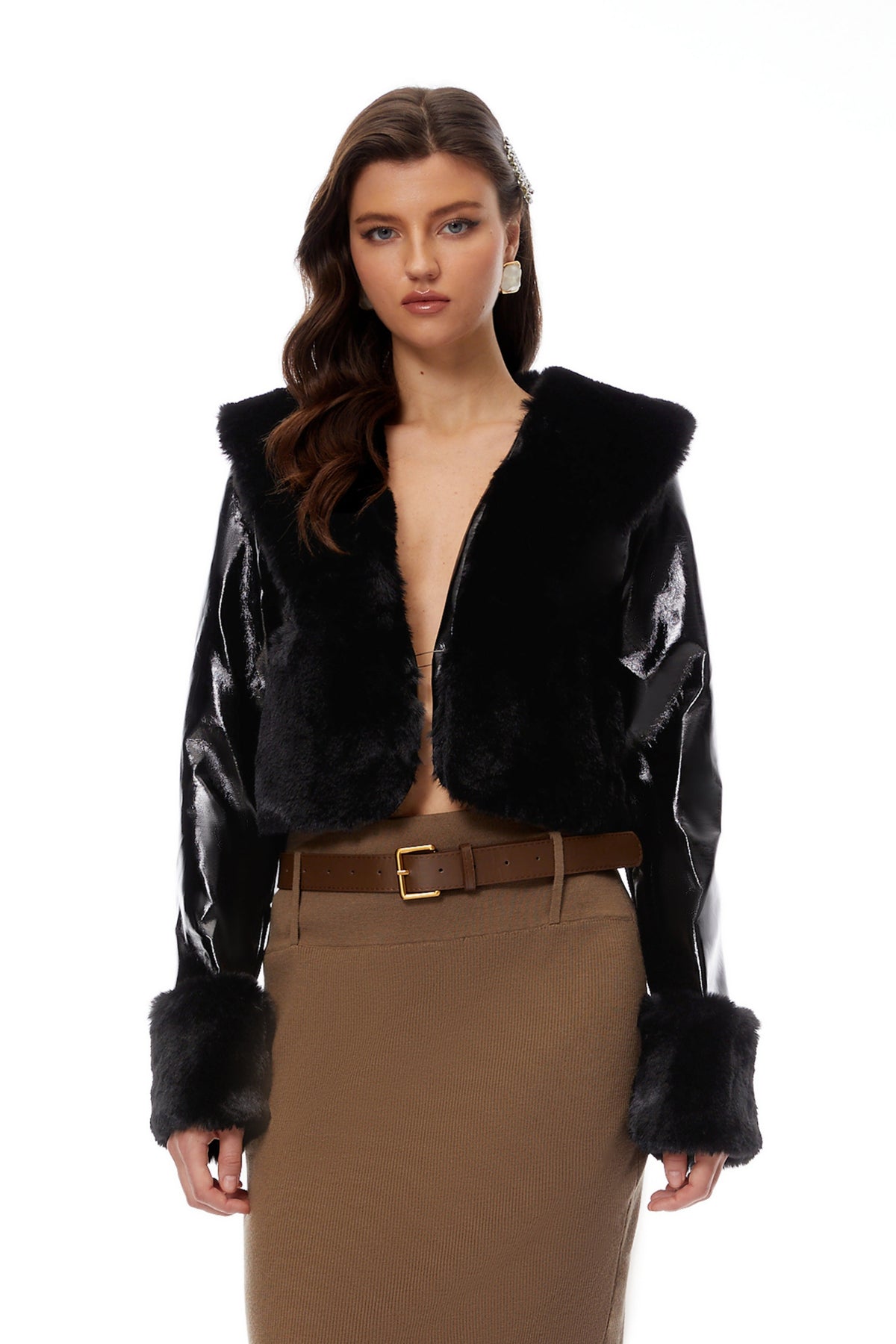 Catherine Black Fur Panel Patent Leather Jacket