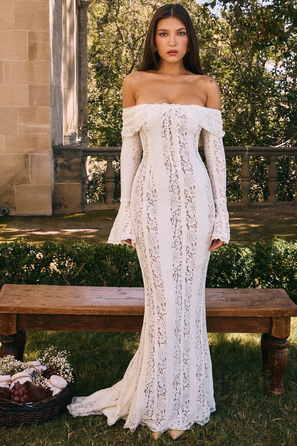 Belle Vintage Floral Lace Off Shoulder Maxi Dress - Cream white