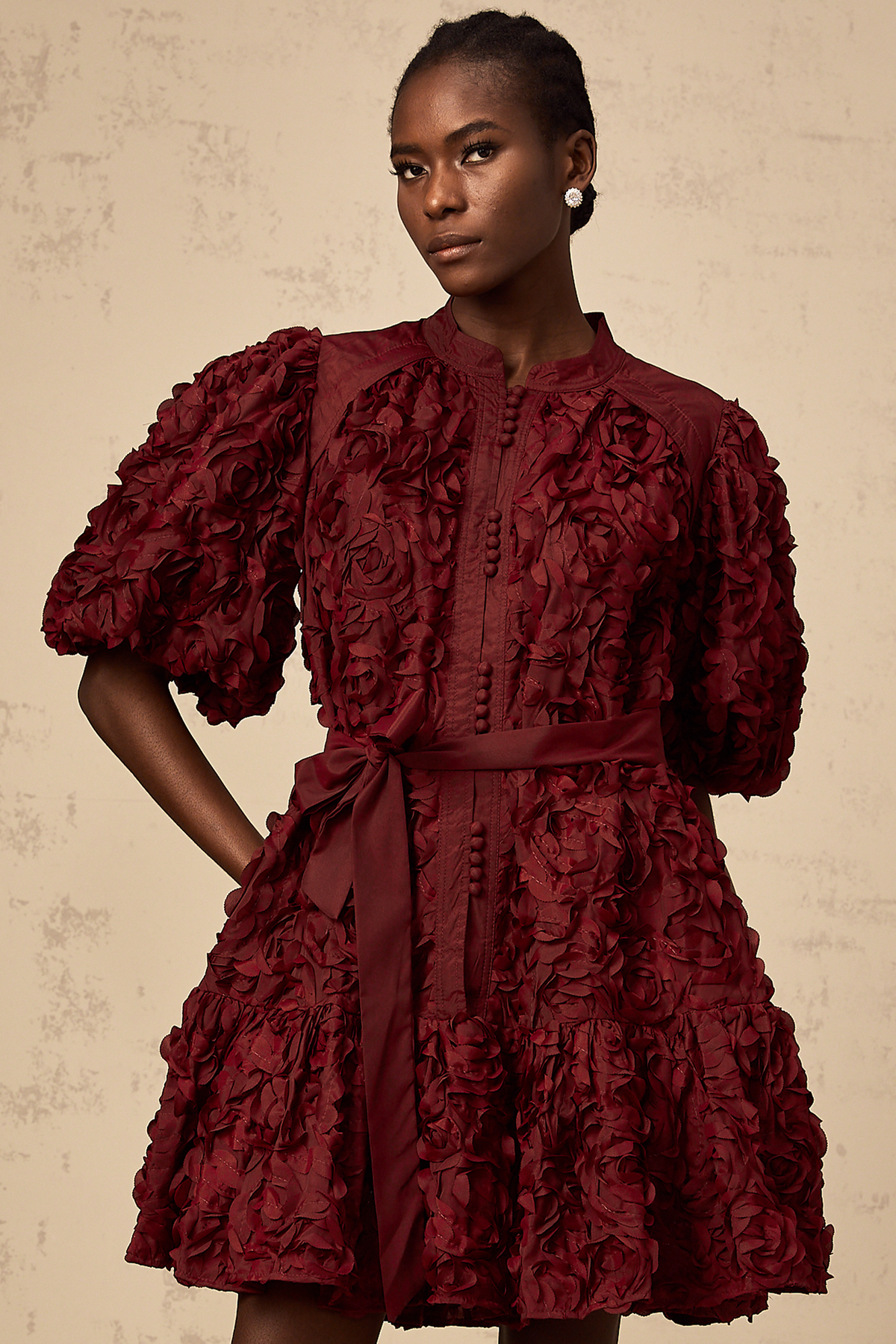 Ségolène wine-red 3D-petal puff mini dress