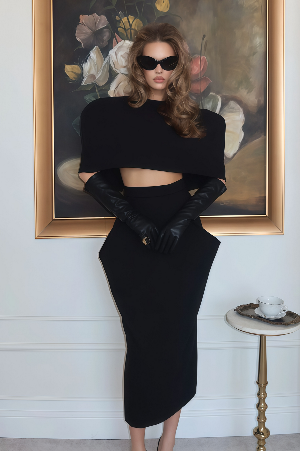 Shiva Black Structured Cape & Asymmetrical Skirt Set