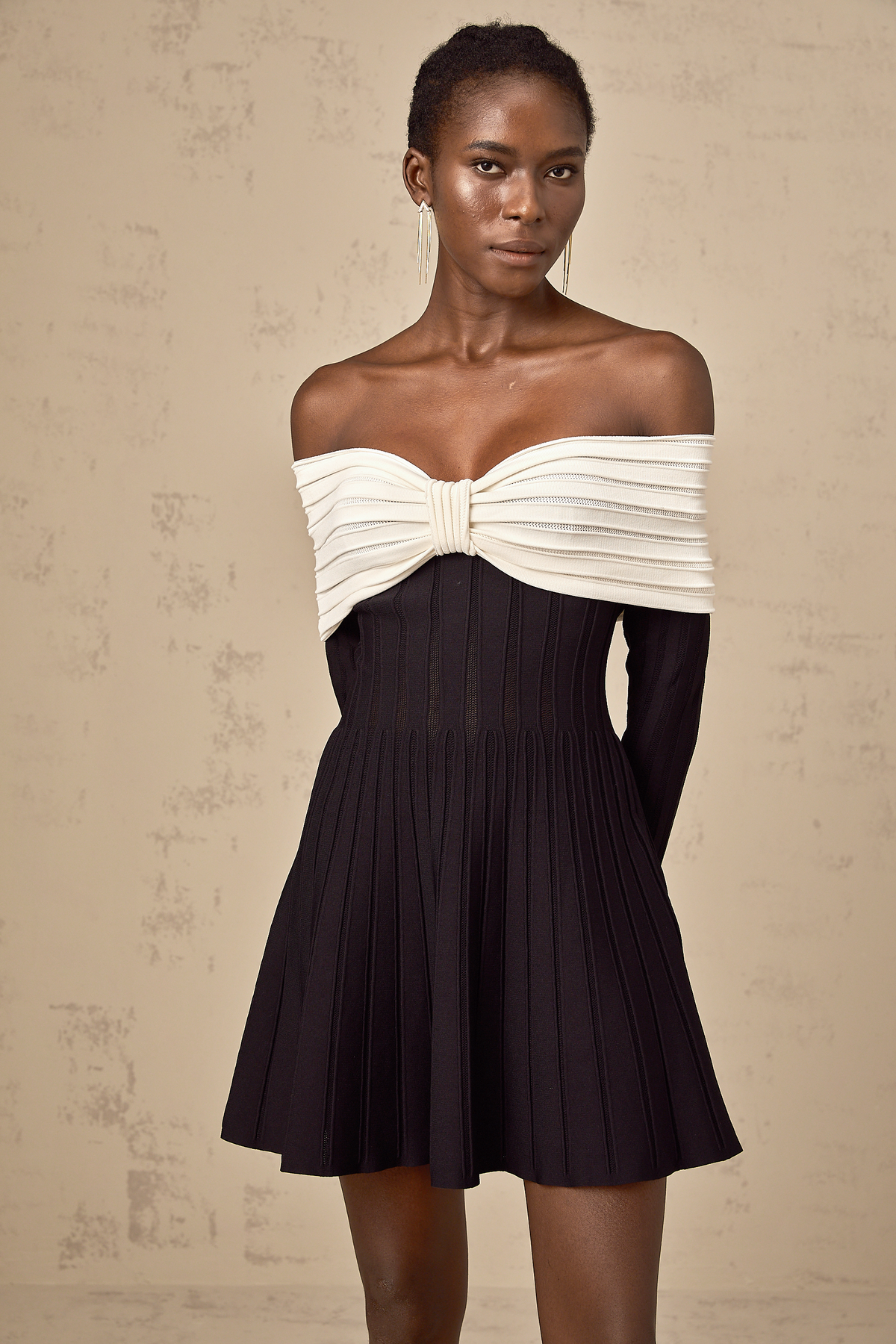 Justine black off-shoulder bow knit mini dress (Final Sale)