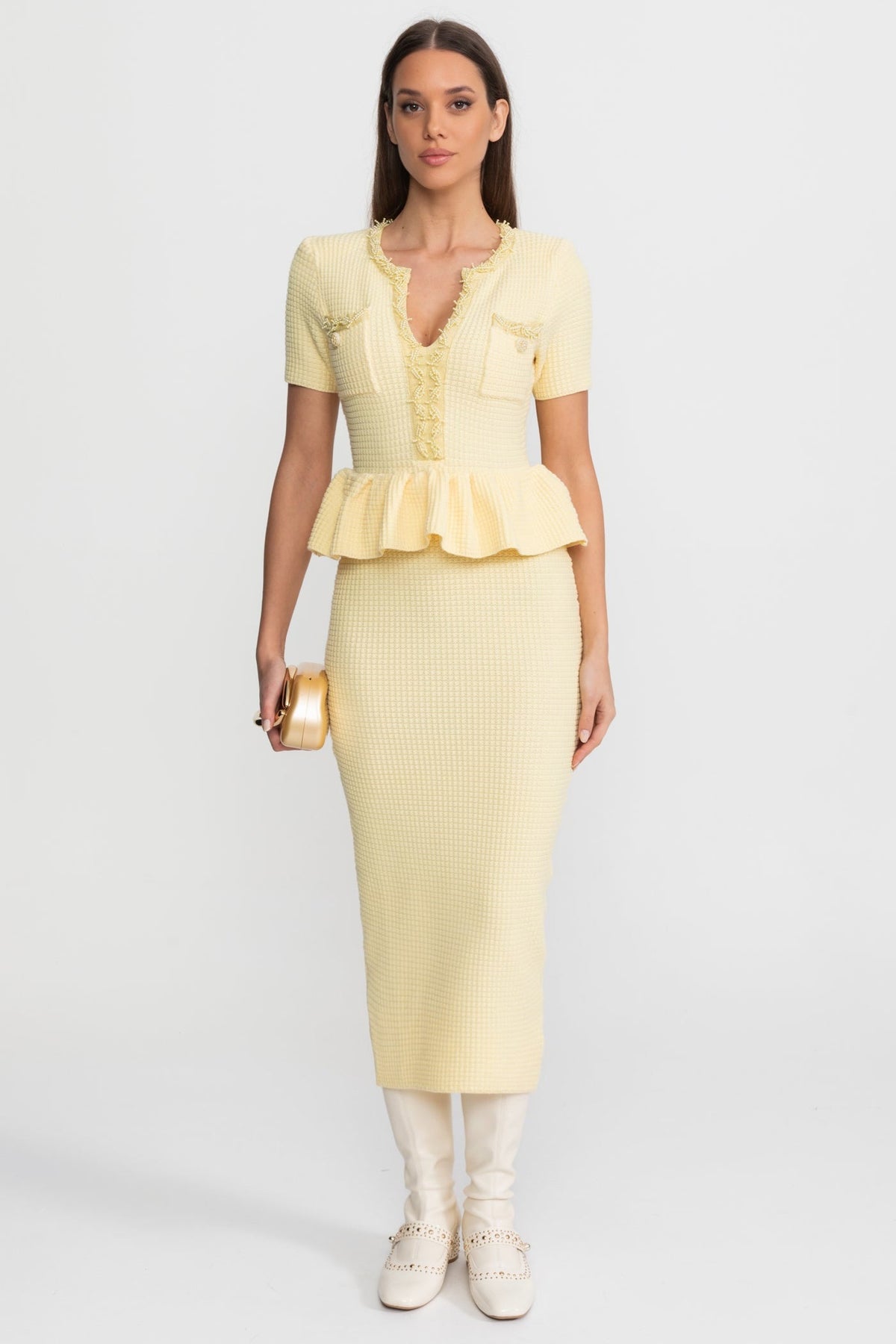 Textured Knit Midi Dress with Peplum Waist Detail – Yellow