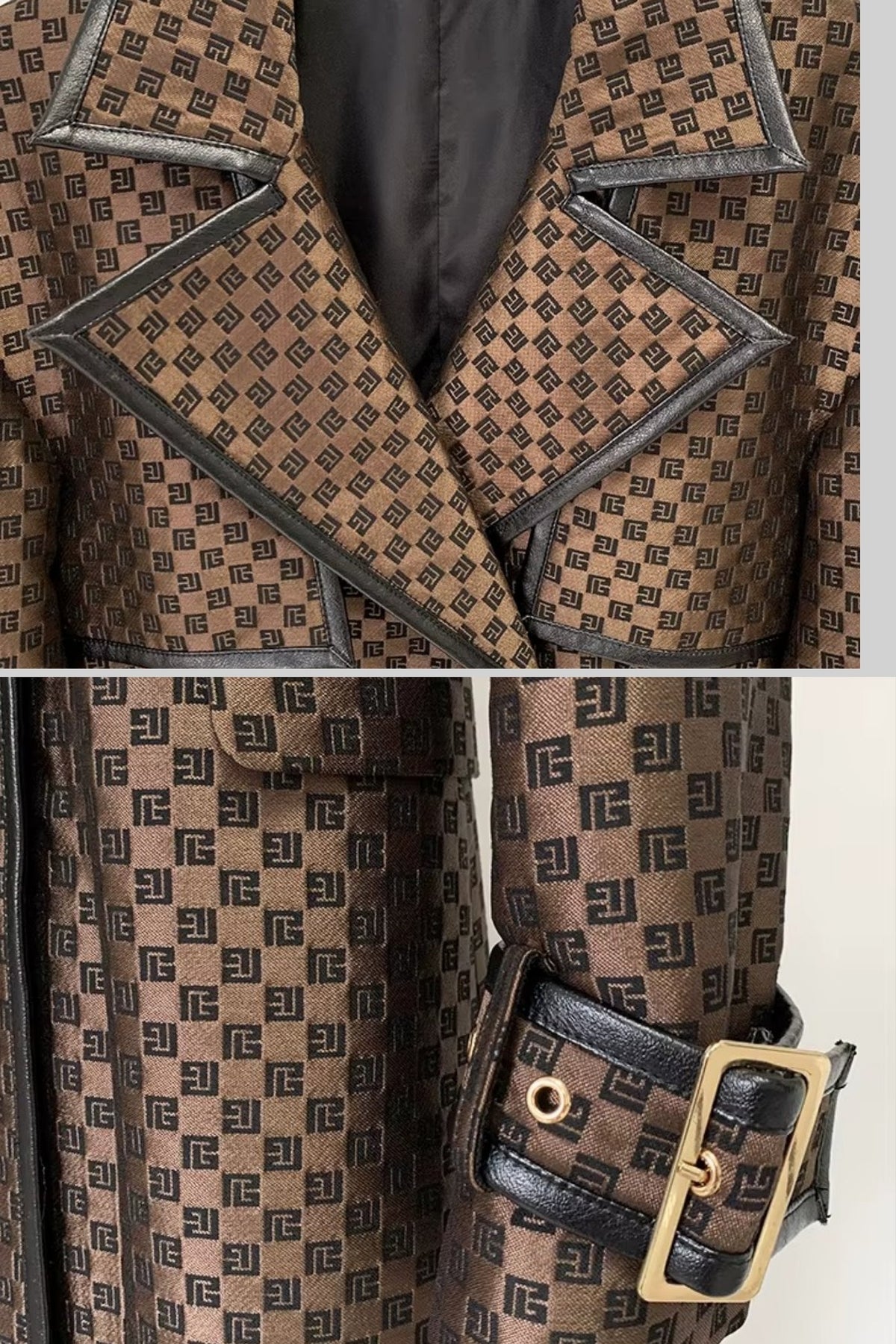 Wide Lapel Trench Coat With Gold Buckle Waist Belt - Brown
