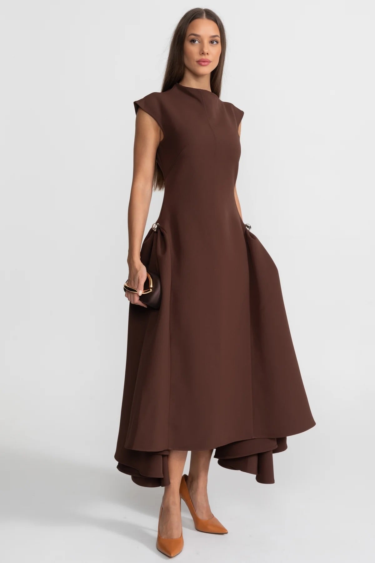 Structured Midi Dress with High-Low Hem and Metal Ring Details - Brown