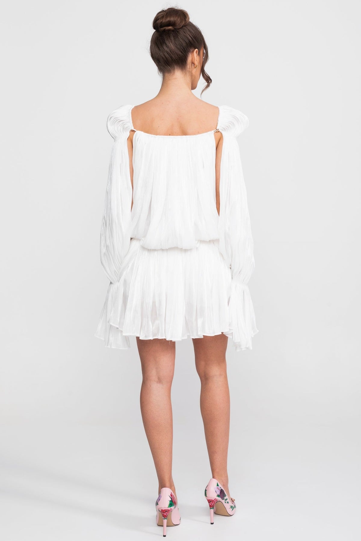 Sheer Draped Mini Dress With Cape Sleeves And Gold Clip Detail - White