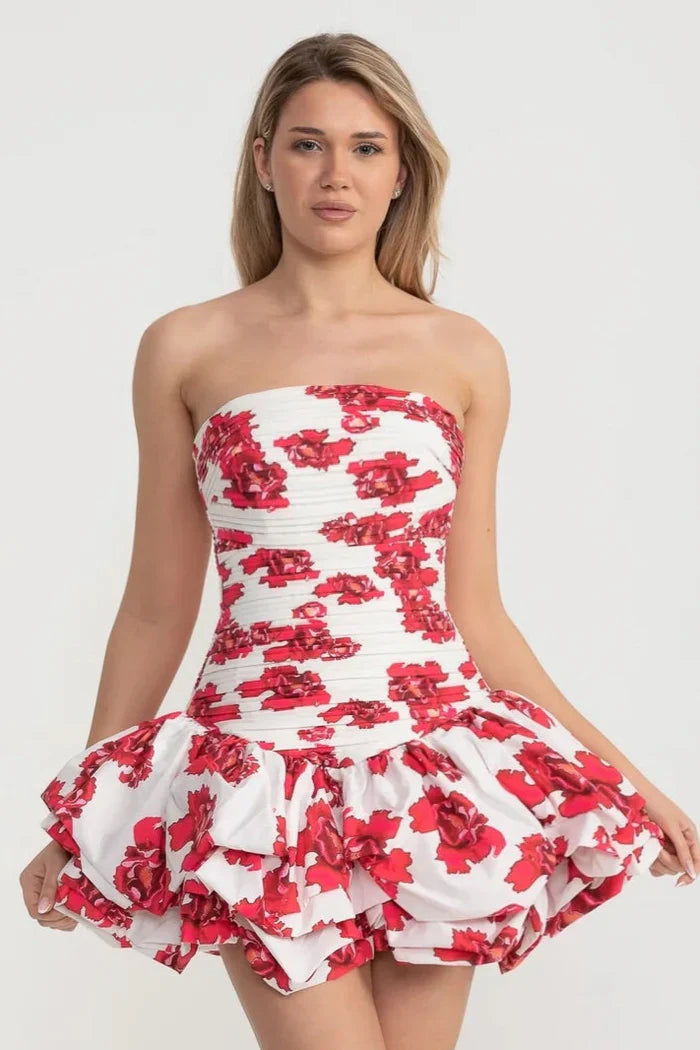 Mini Dress With Ruched Bodice And Voluminous Bubble Hem - White/Red