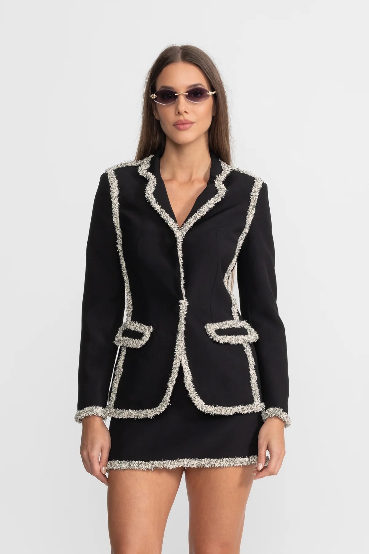 Tweed Set With Sparkling Trim Blazer And Matching Mini Skirt - Black