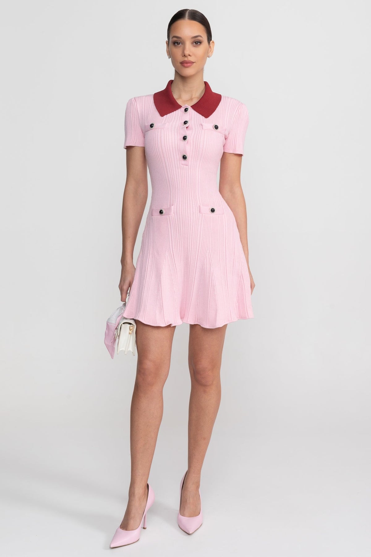 Ribbed Short Sleeve Mini Dress With Contrast Collar And Button Front Detail - Blush Pink