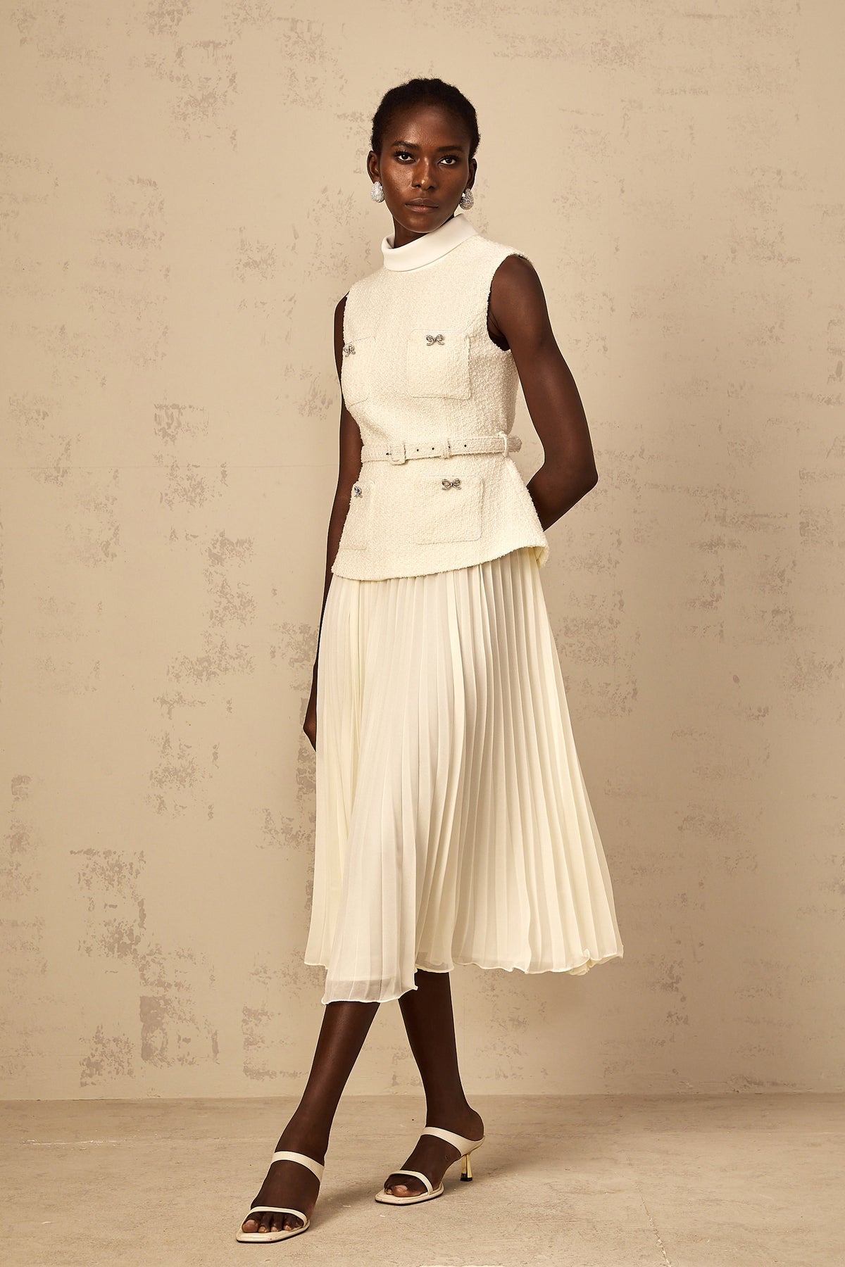 Dulcie Off-White Tulle Panel Tweed Midi Dress (Final Sale-US Only)