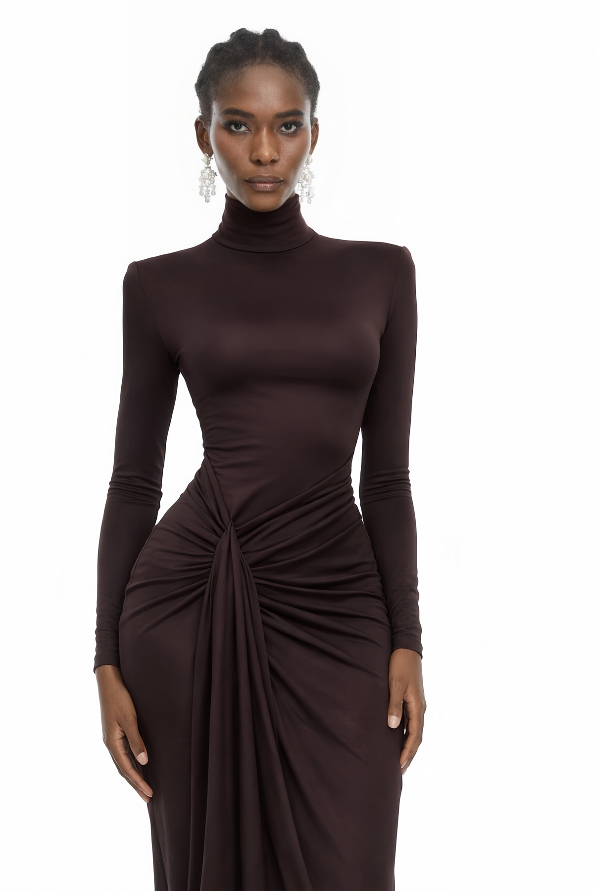 Neve Brown High Neck Twist Knot Maxi Dress (Final Sale)