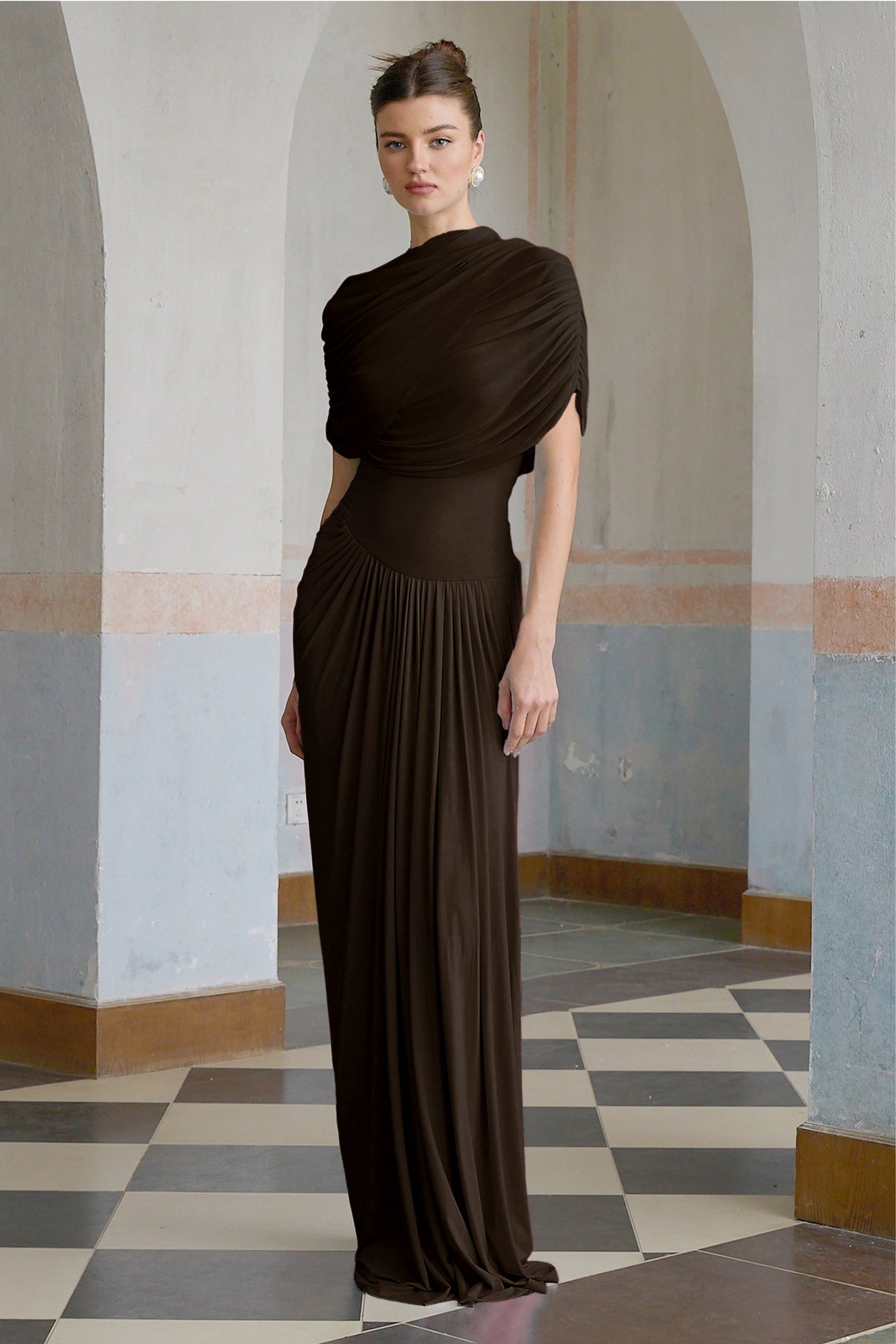 Catherine asymmetrical pleated maxi dress in Brown