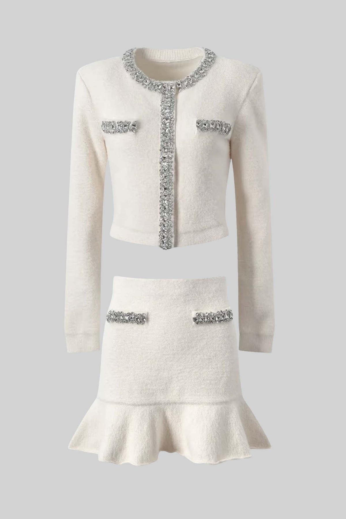 Soft Co-ord Set With Long Sleeves, Mini Skirt And Sparkling Embellishments - White