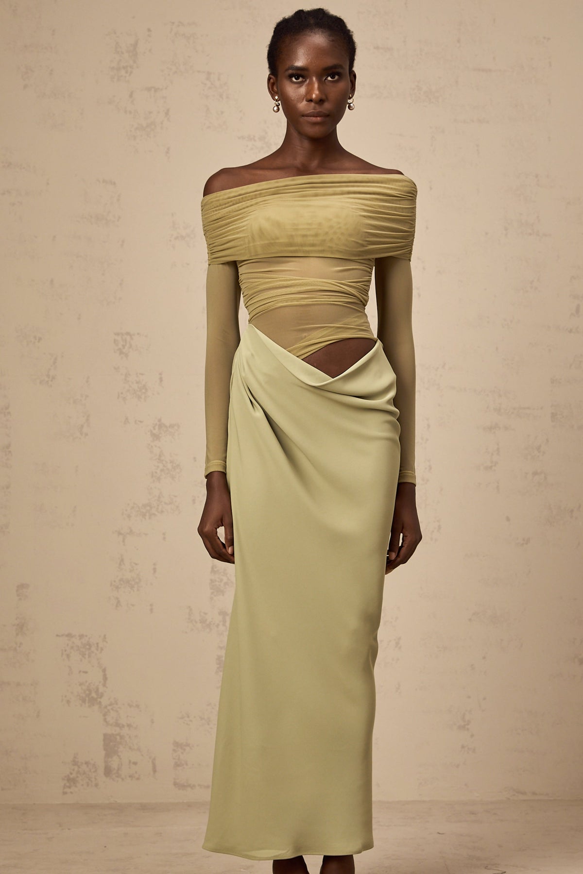 Estelle off-shoulder semi-sheer midi dress in Green