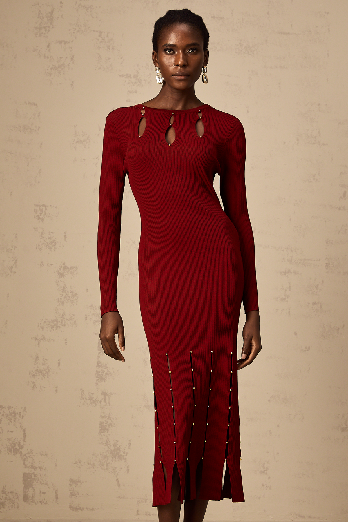 Hilaire red beaded long-sleeve cut-out knit midi dress
