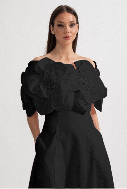 Off-Shoulder Midi Dress With Large Fabric Floral Accents - Black