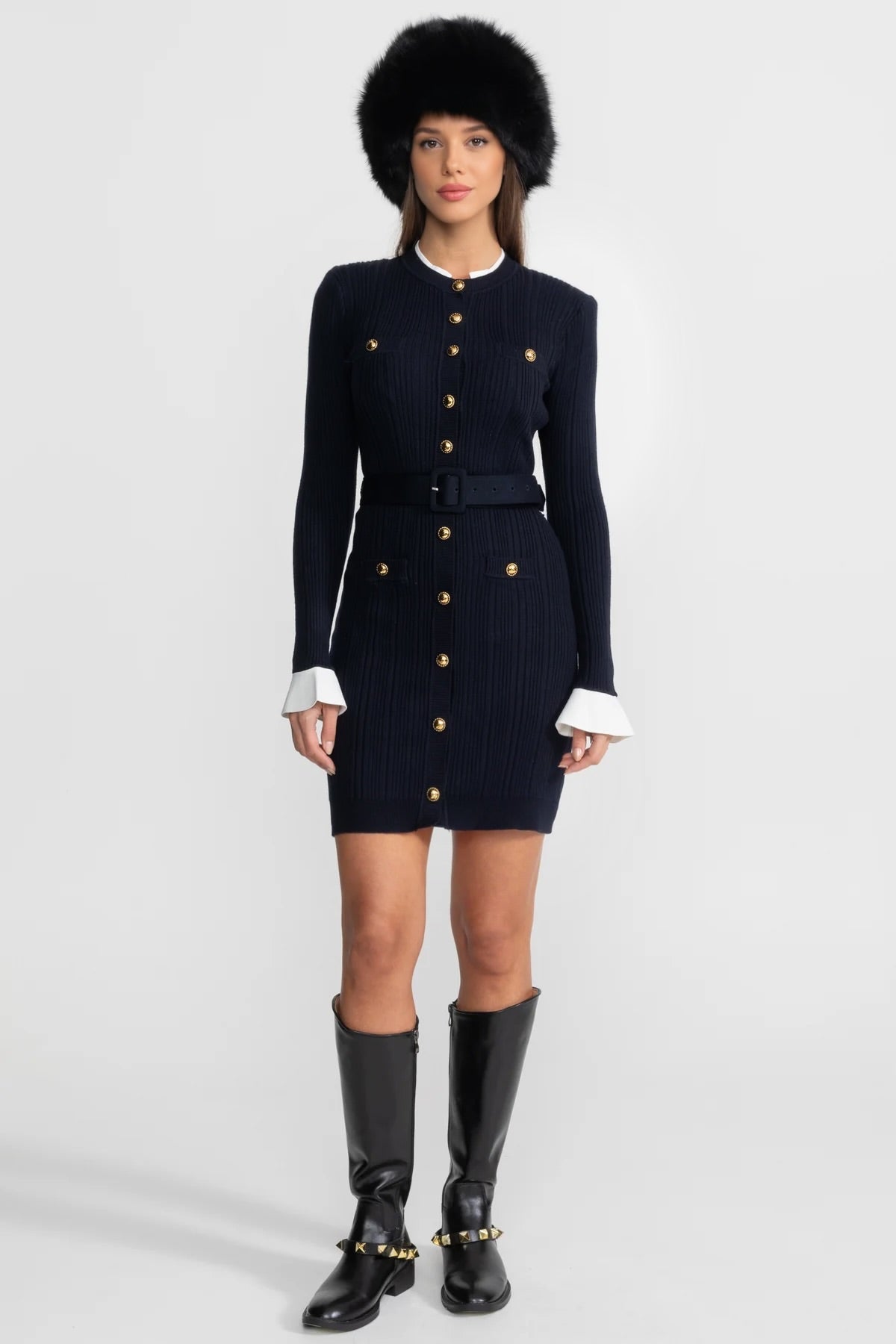 Ribbed Knit Mini Dress with Gold Button Fastening - Dark Blue