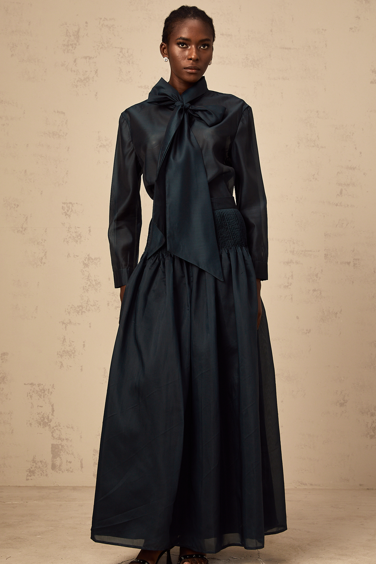 Zoé dark-green ribbon tie-neck shirt & skirt matching set (Final Sale-US Only)