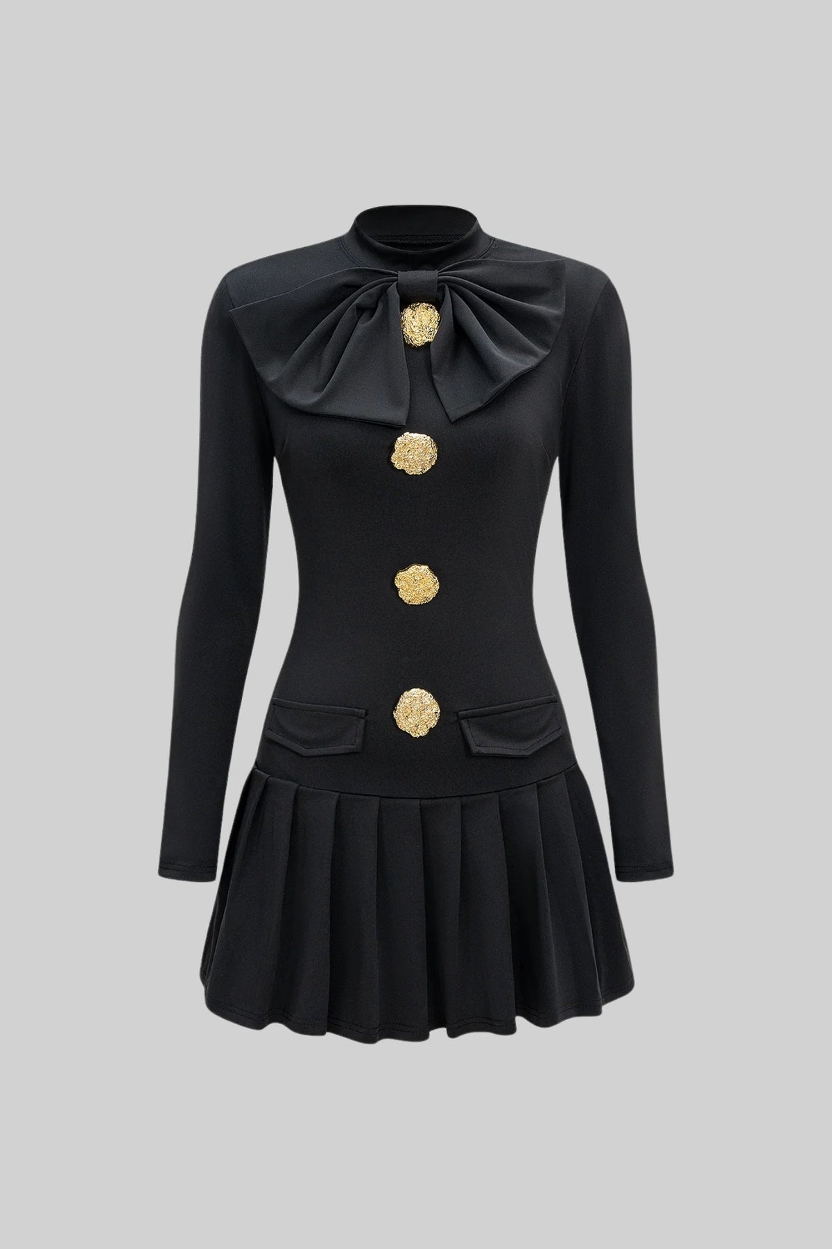Bow-Neck Pleated Mini Dress with Gold Buttons – Black