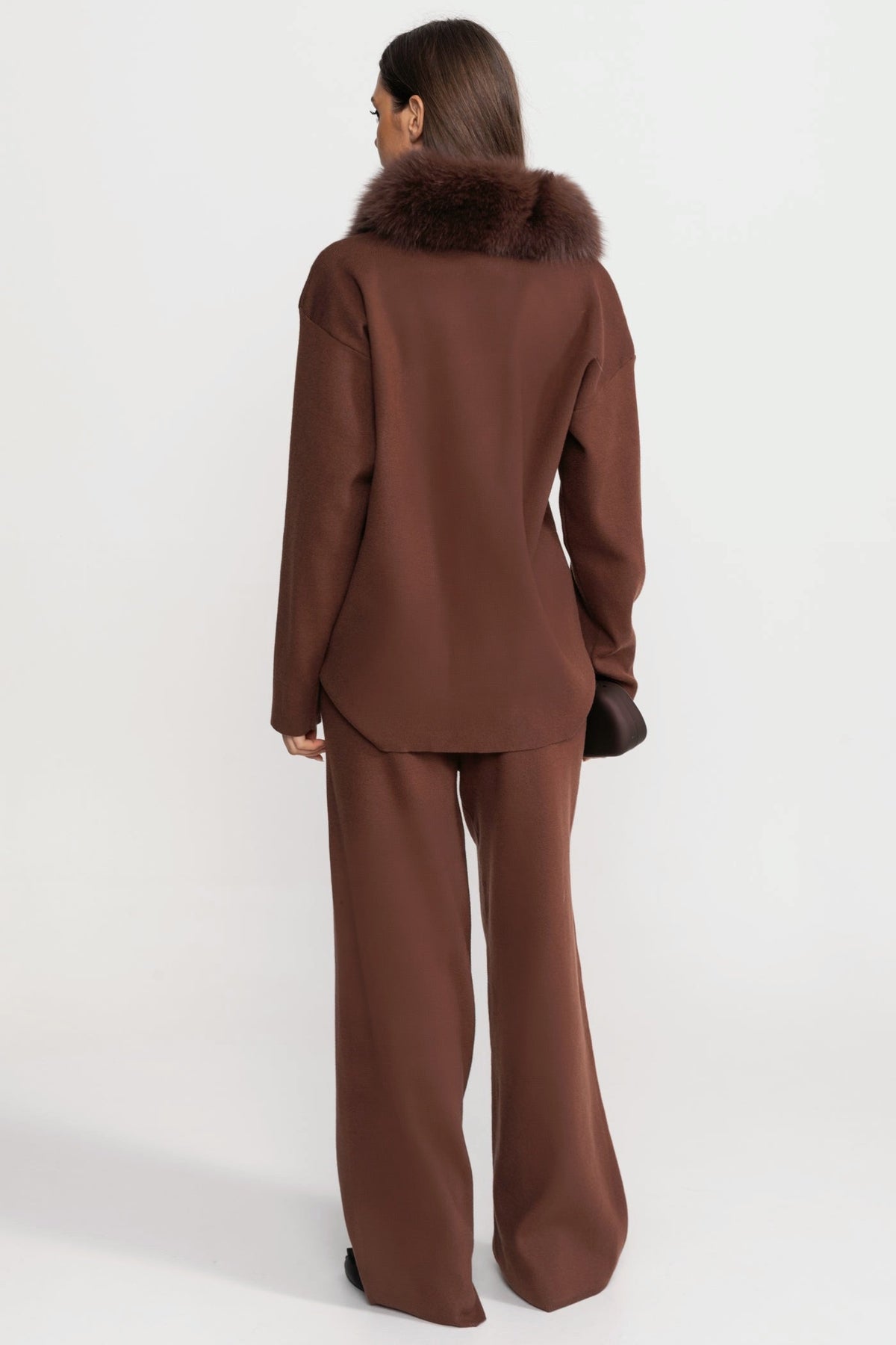 Knit Lounge Co-Ord Set with Fox Fur Collar – Brown