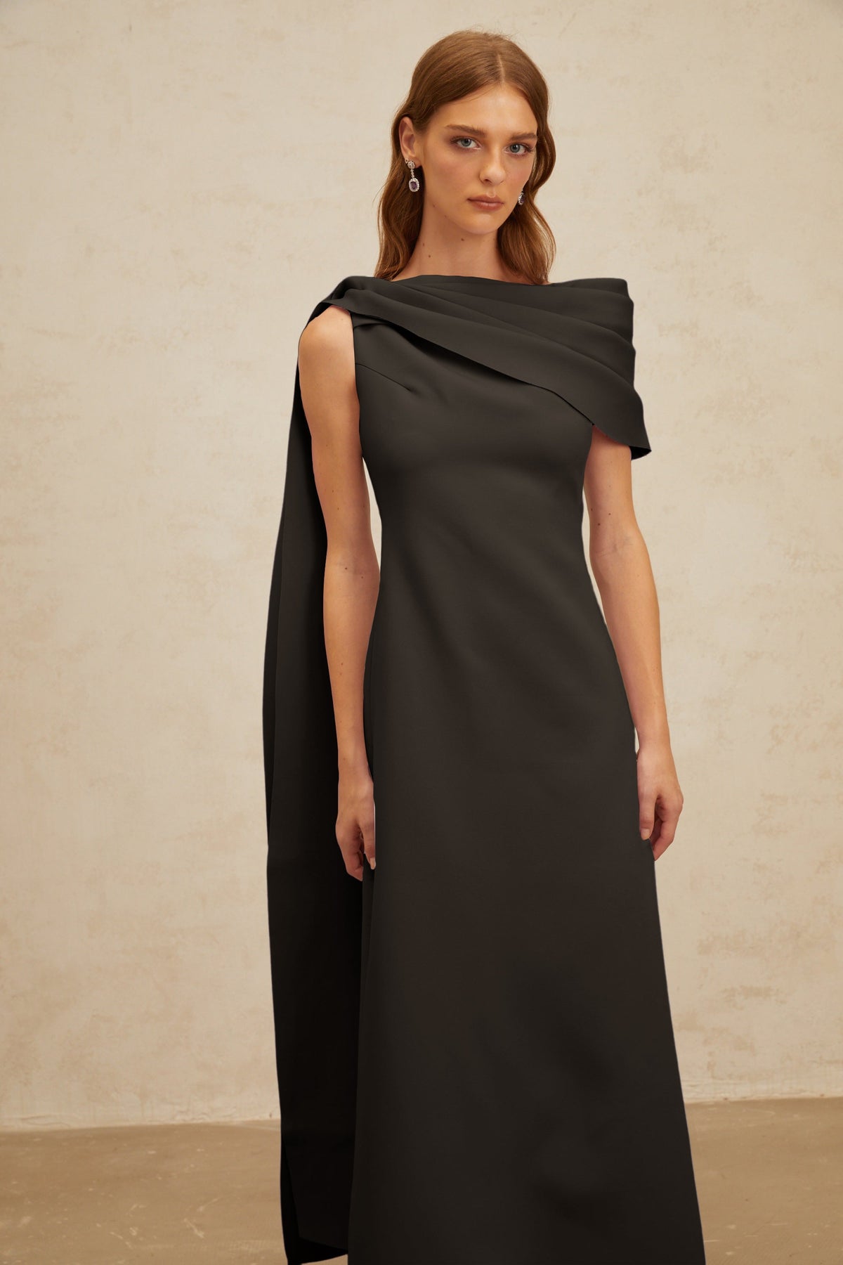 Annabelle Black Cape-Design Ribbon Maxi Dress