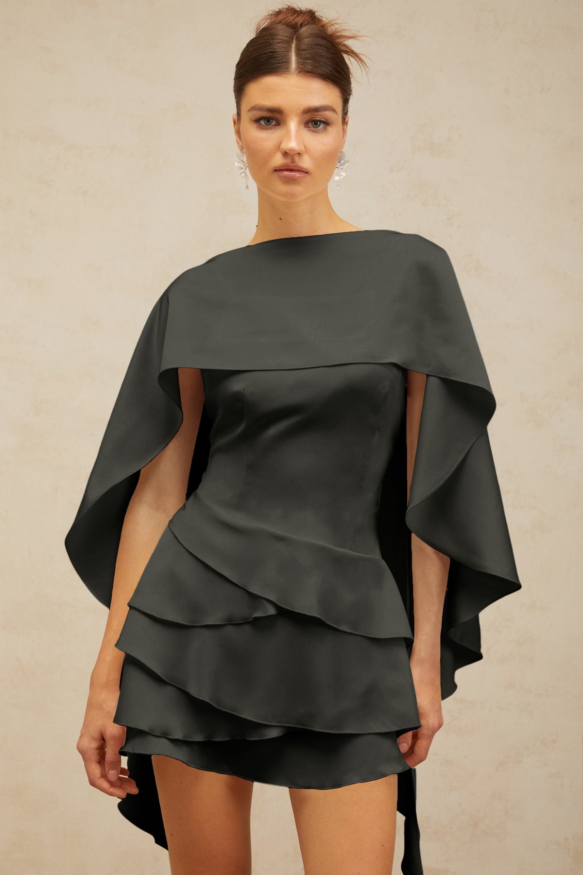 Lyna shawl-panel ruffled satin mini dress in Black