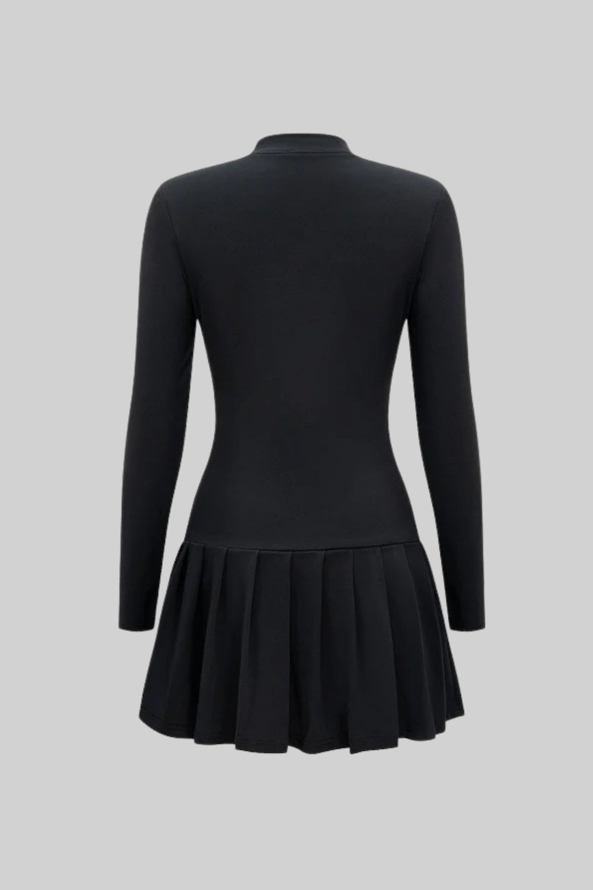 Bow-Neck Pleated Mini Dress with Gold Buttons – Black