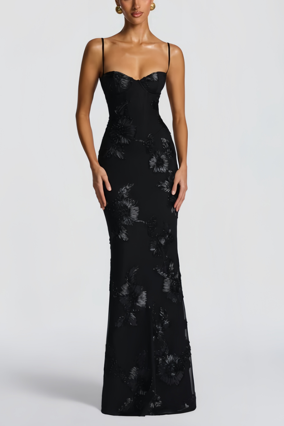 Théoline Black Floral Appliqué Corset Maxi Dress