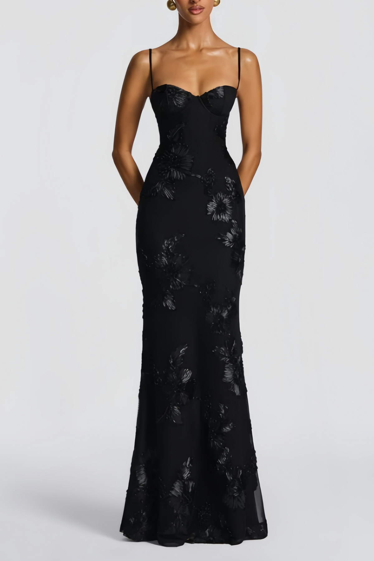 Théoline Black Floral Jacquard Corset Maxi Dress