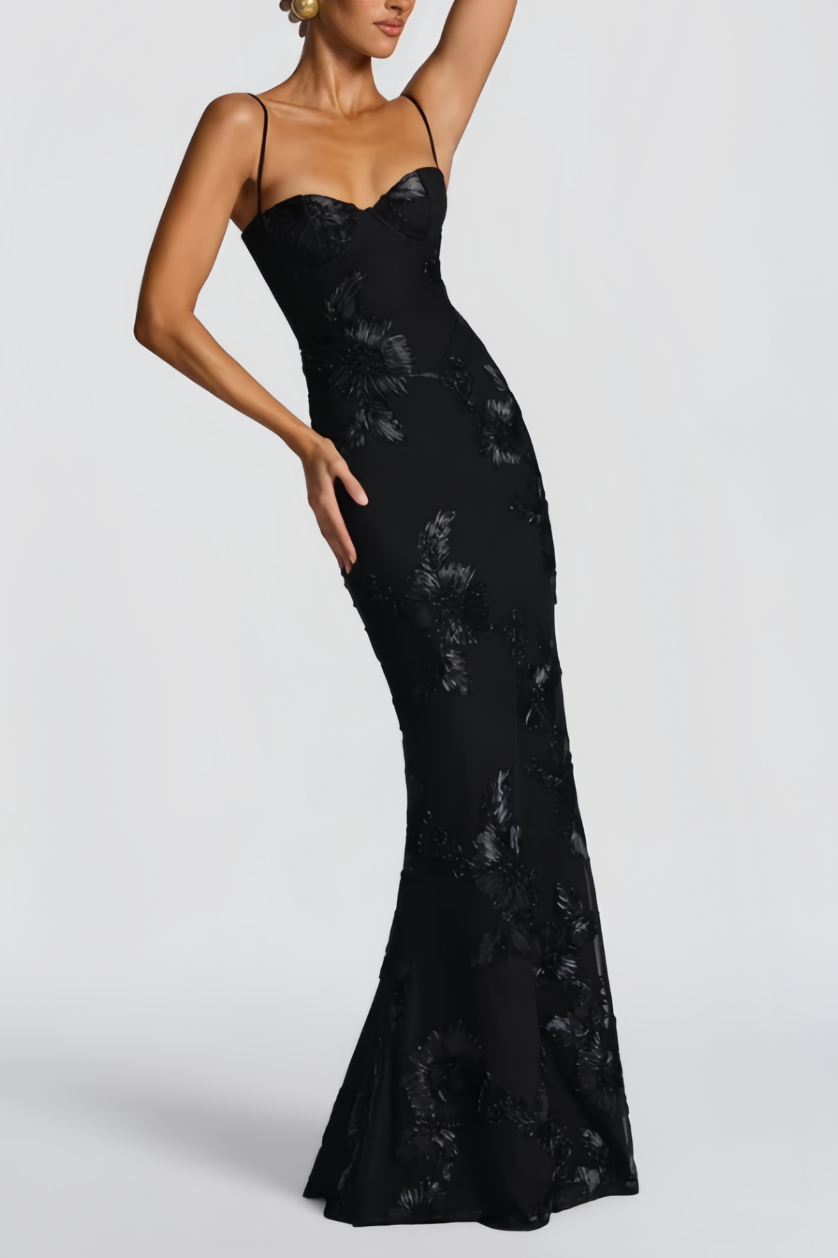 Théoline Black Floral Appliqué Corset Maxi Dress