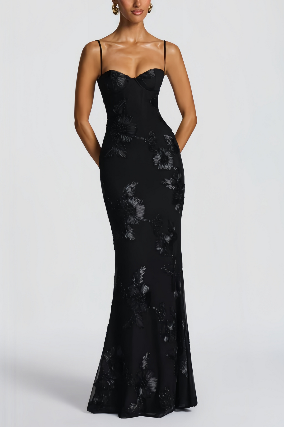Théoline Black Floral Jacquard Corset Maxi Dress