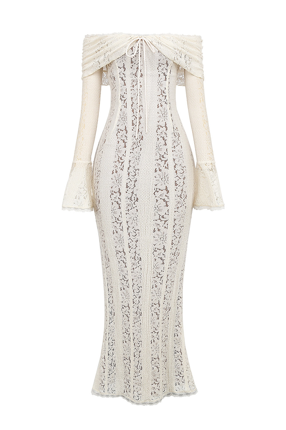 Belle Vintage Floral Lace Off Shoulder Maxi Dress - Cream white