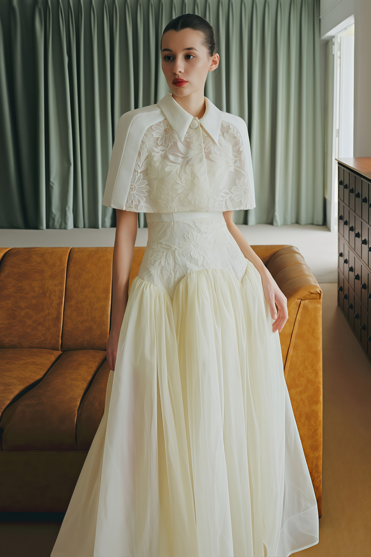 Brooke White Lace Panel Cape & Dress Set