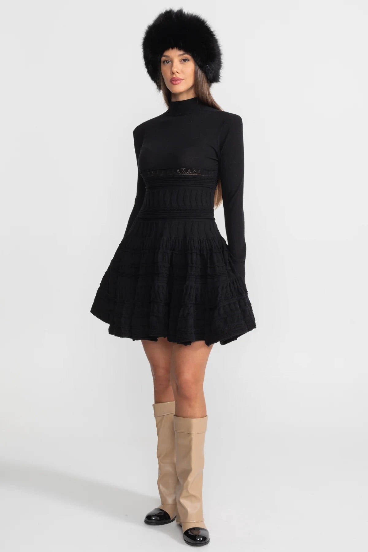 Textured Knit Mini Dress with Flared Skirt - Black