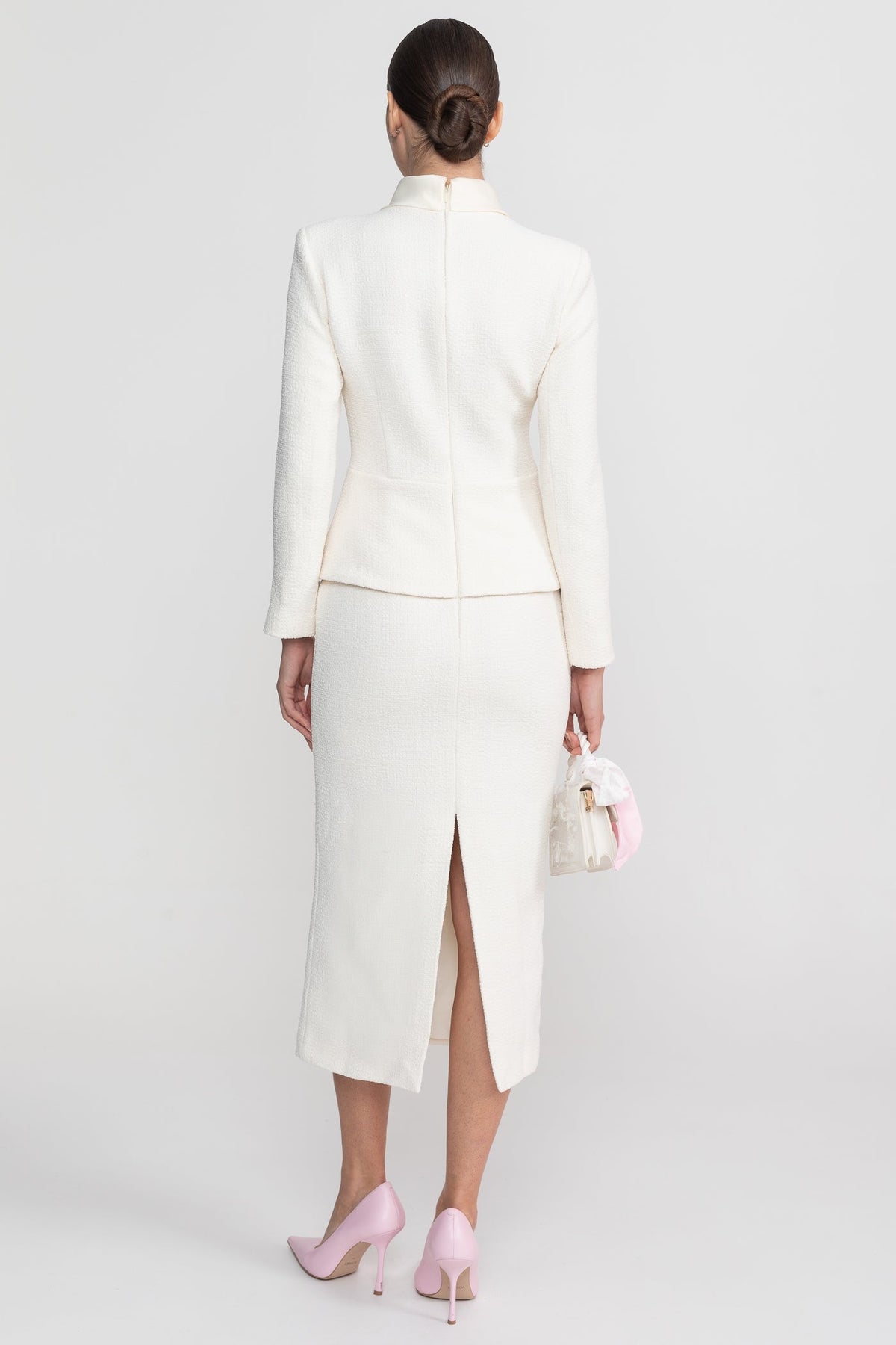 Textured Co-Ord Set With High Neck Jacket And Crystal Button Detail - White
