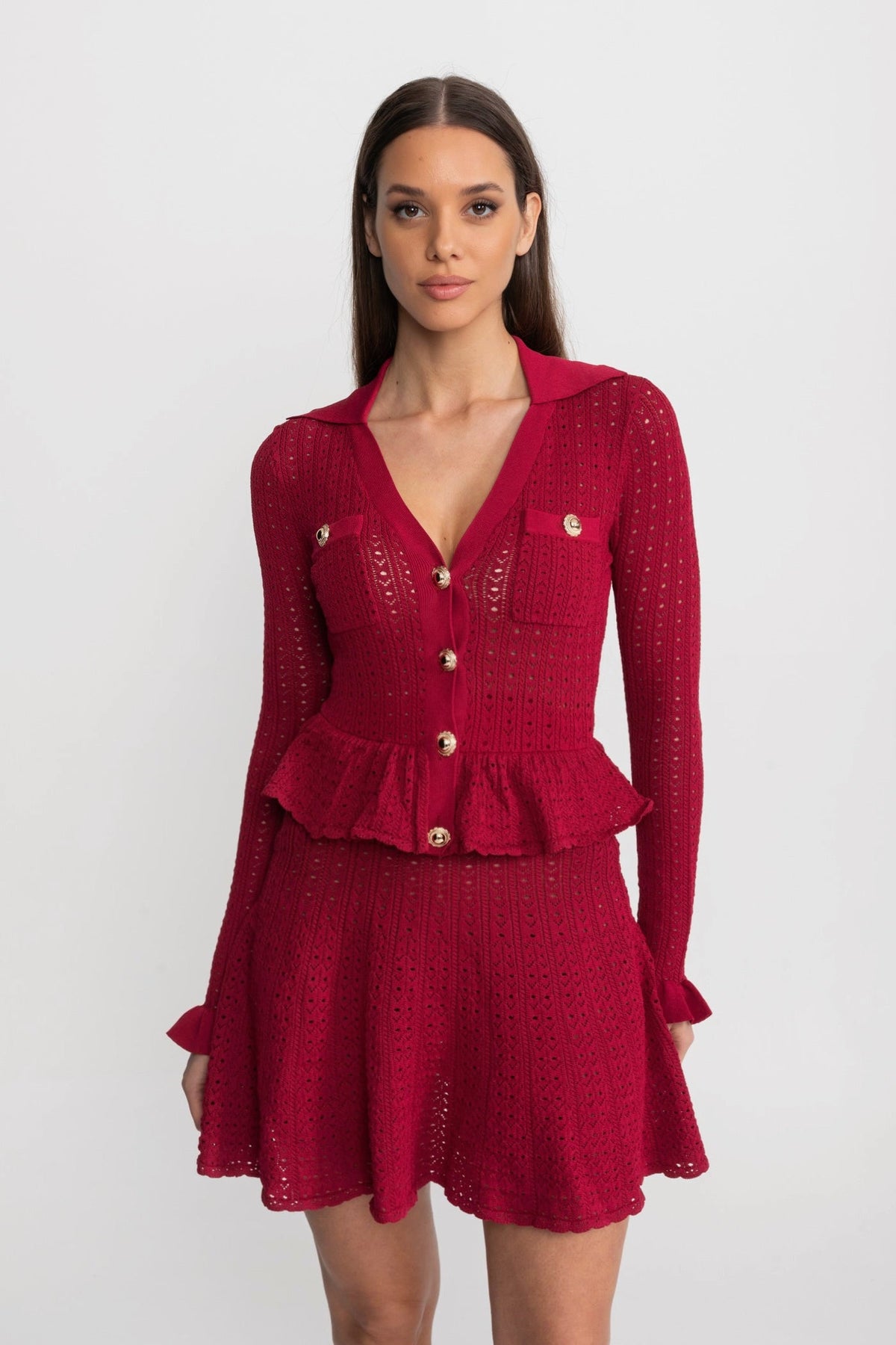 Pointelle Knit Mini Dress with Peplum Hem – Dark Red