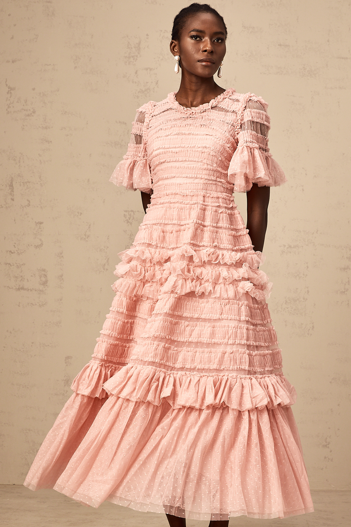 Aimée pink dot-detail ruffled tulle midi dress