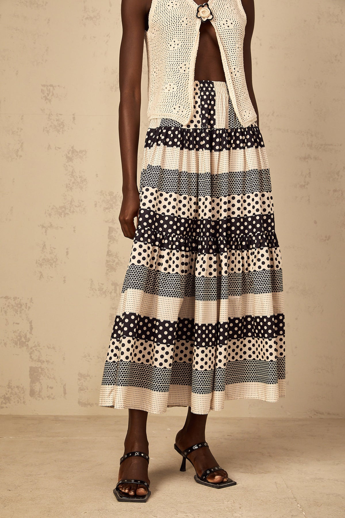 Joséphine Color Block Shirred Polka Dot Skirt