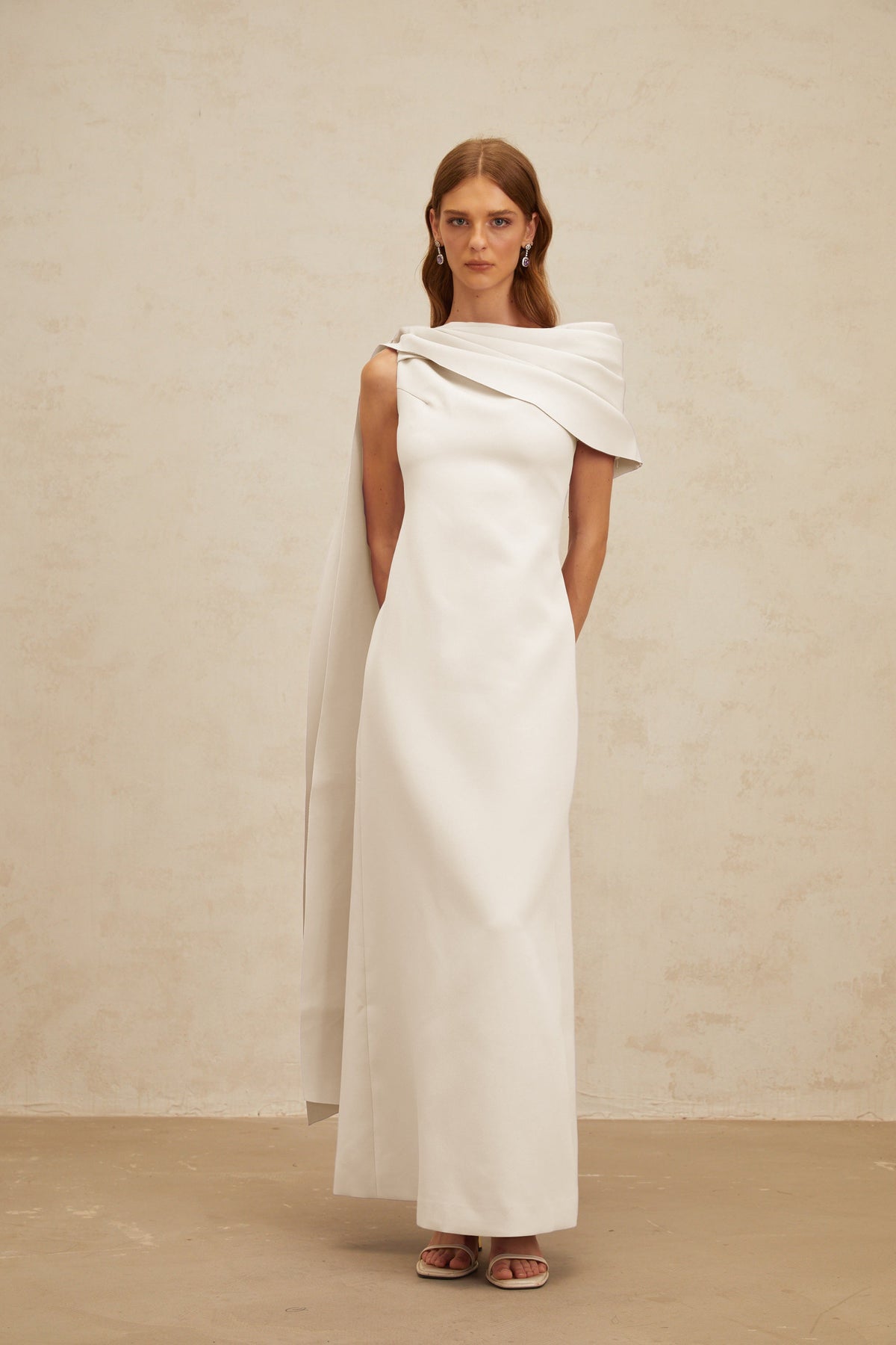 Annabelle White Cape-Design Ribbon Maxi Dress