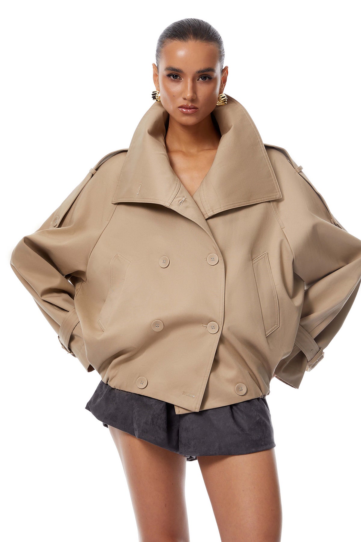 Eugenia Khaki Double-Breasted Short Trench Coat