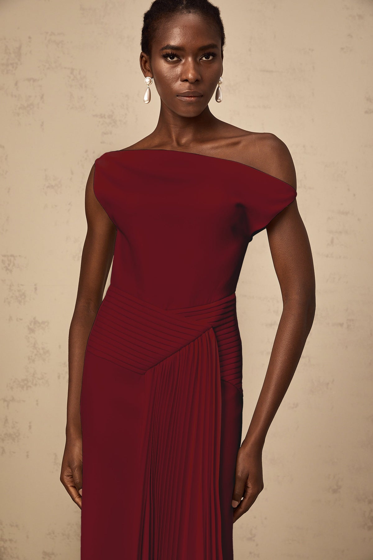 Laurine asymmetrical draped midi dress in Burgundy