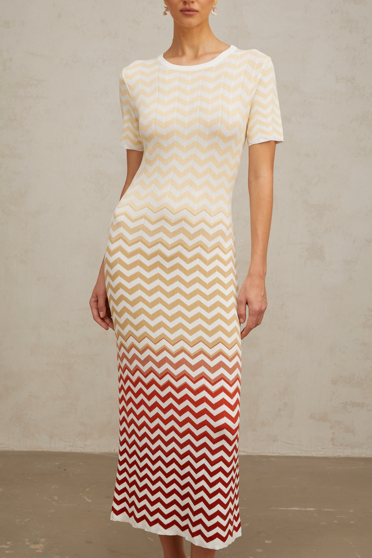 Isabelle yellow zigzag-woven knit midi dress