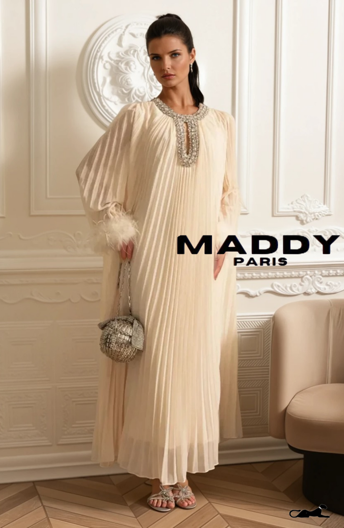 LAMISS Pleated Maxi Dress With Feathered Cuffs And Sparkling Neckline - Ivoire
