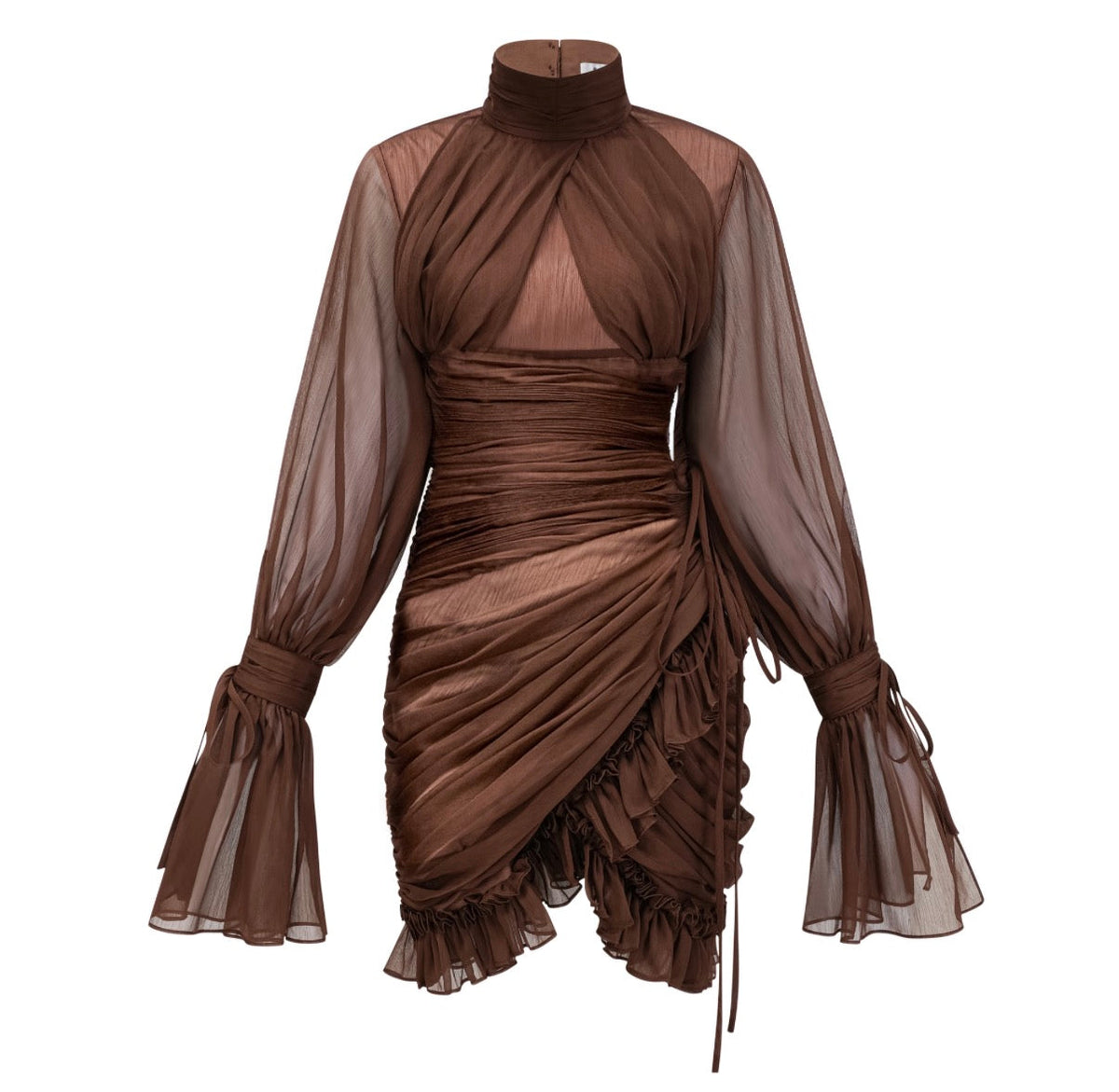 Jade Brown Ruched Tulle Mini Dress