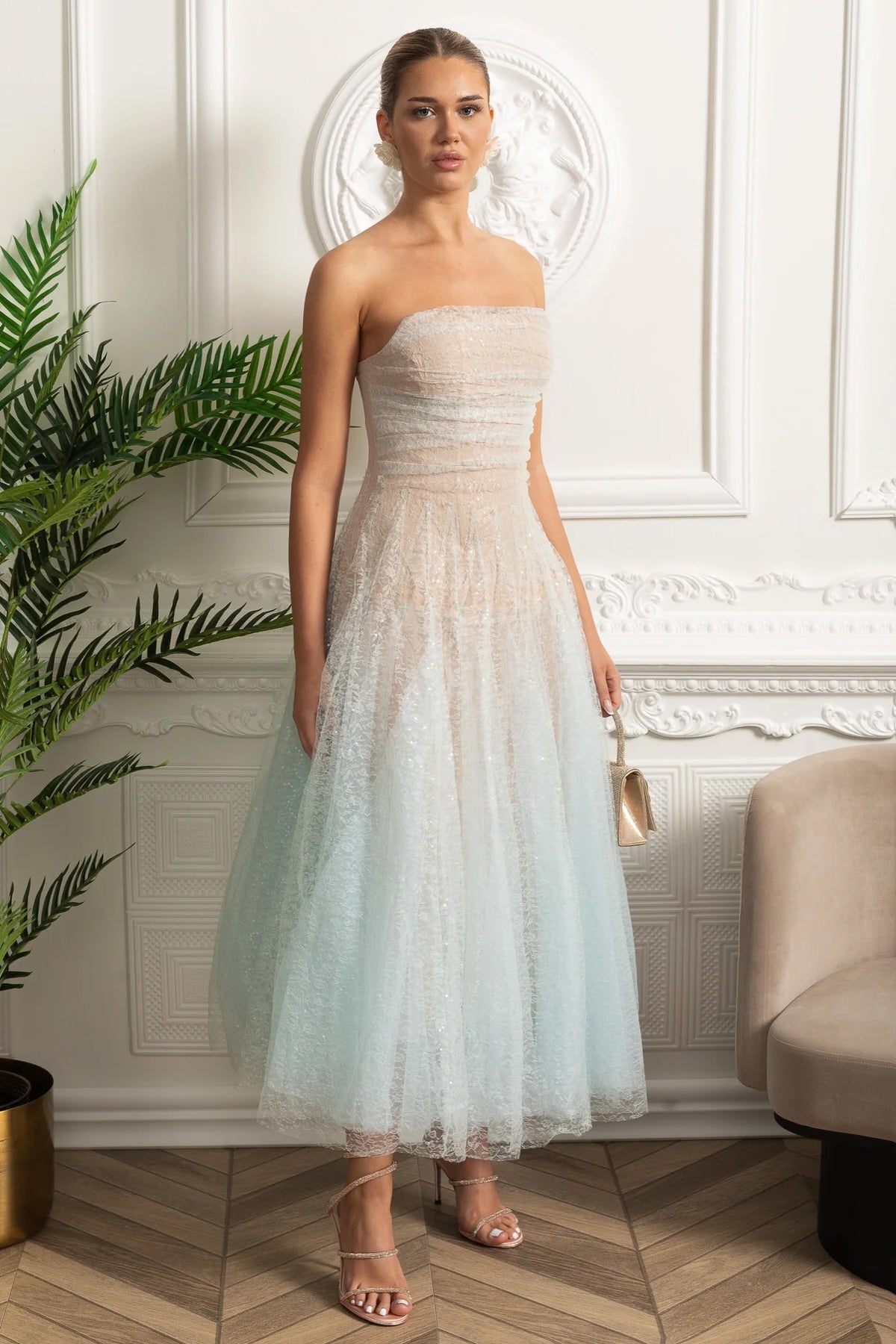 Strapless A-Line Midi Dress With Shimmery Textured Overlay - Turquoise Gradient