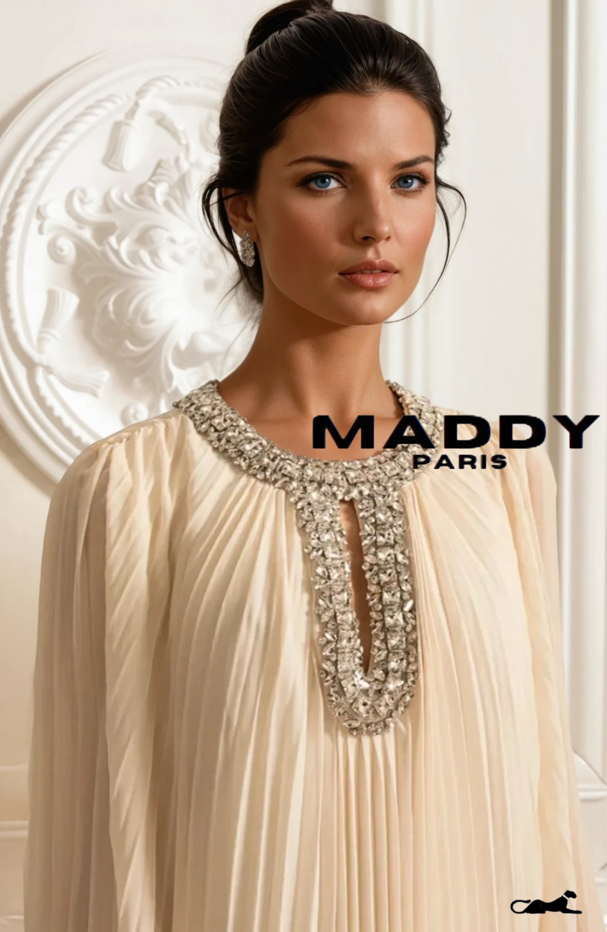 LAMISS Pleated Maxi Dress With Feathered Cuffs And Sparkling Neckline - Ivoire